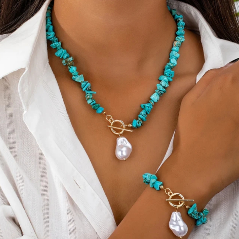Turquoise Stone Necklace & Bracelet Set with Luxurious Imitation Pearl Drops